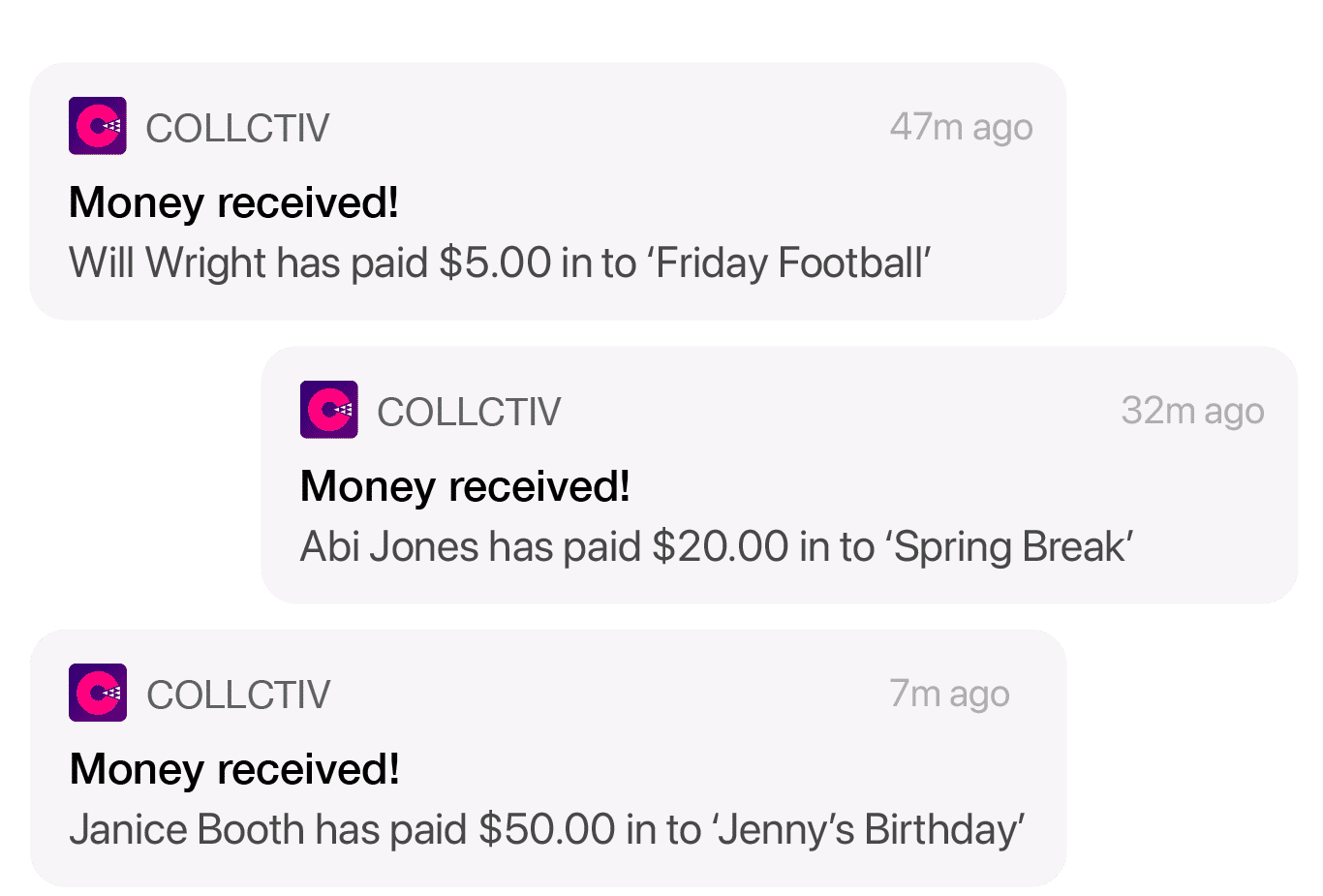 Notifications of money being received